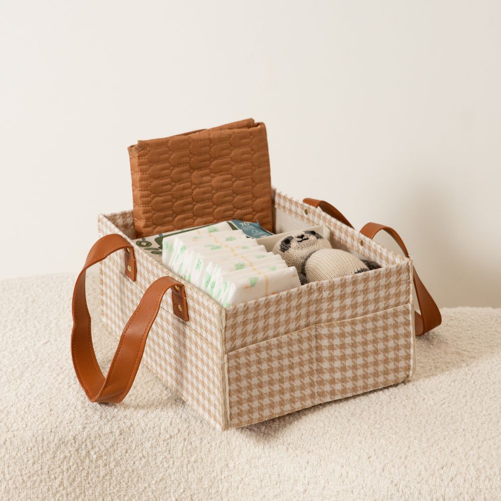 Mini Houndstooth Tan nursery caddy with dividers