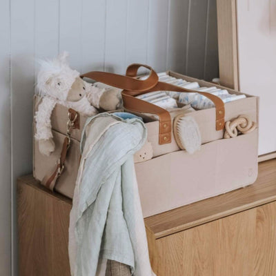 Classic Tan nappy caddy in use