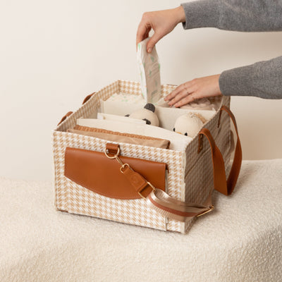 Houndstooth Tan nappy caddy in the nursery