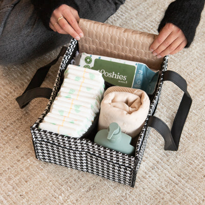 Mini Houndstooth Black nursery caddy styled