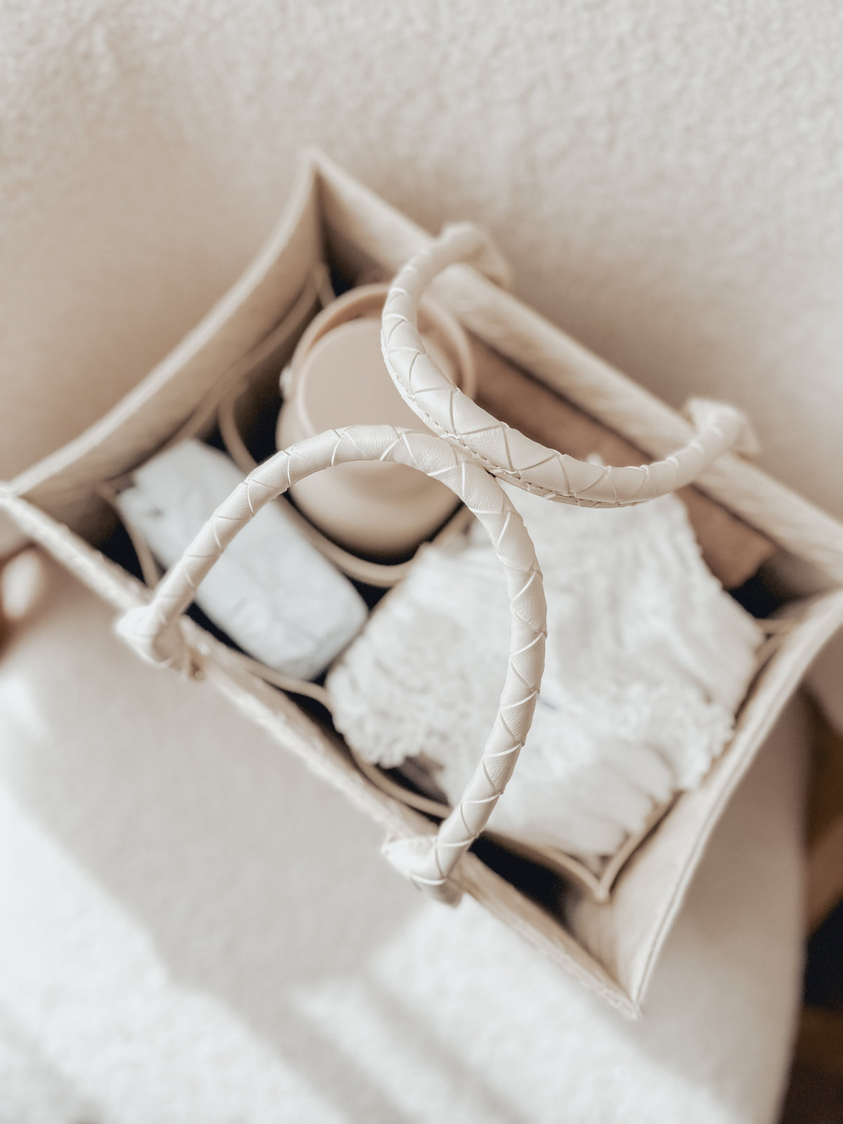 Mini Edition Cream nappy caddy styled